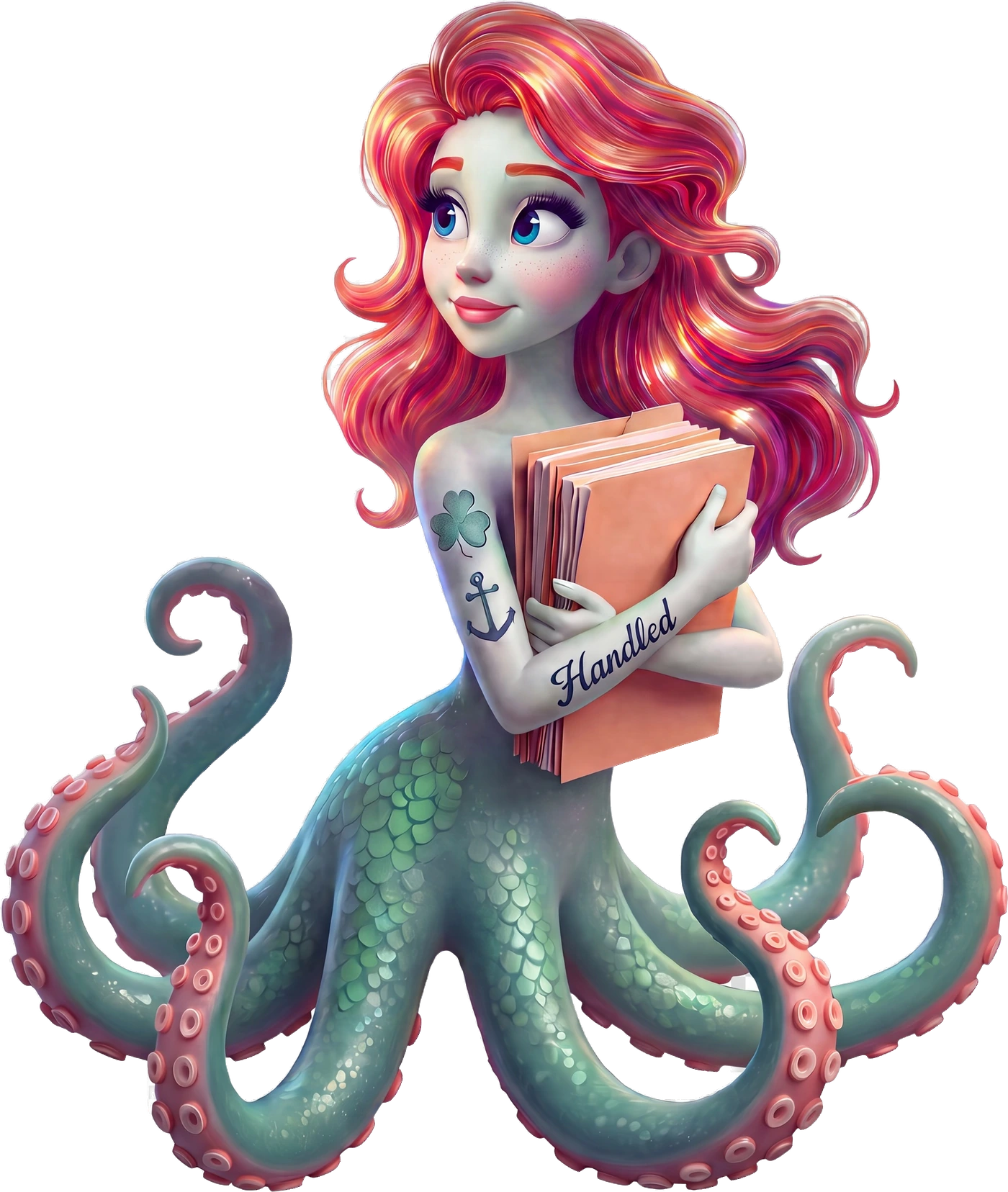 Ella, the Handled octopus mascot — a green octopus-mermaid with red hair, looking down at the stack of Handled folders she is holding