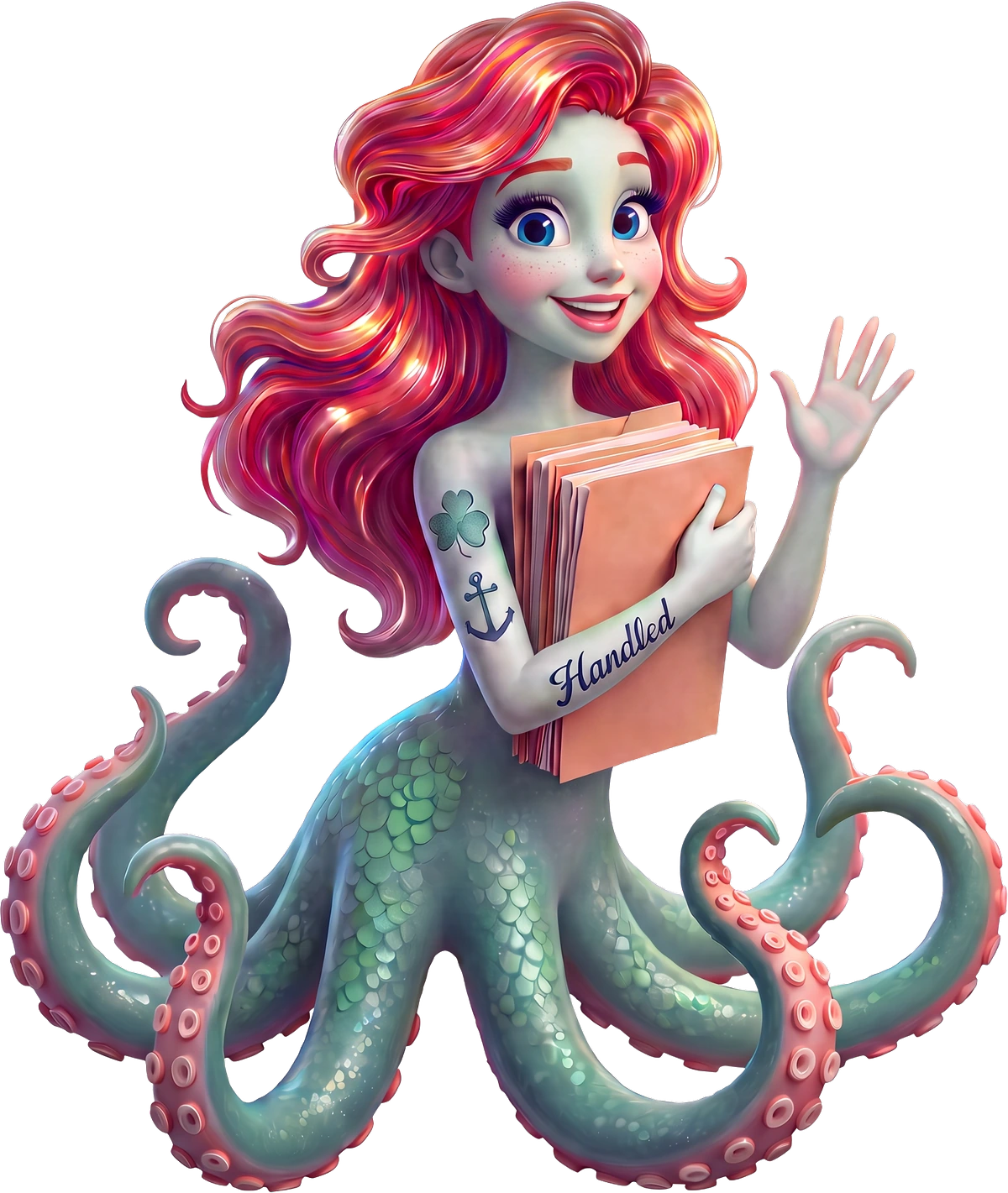Ella, the Handled octopus mascot, waving and holding a stack of Handled folders
